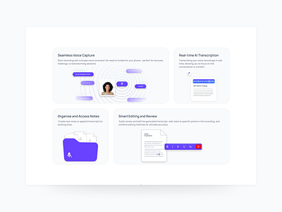 Bento Grid · Detachless FREE Figma UI kit ai bento bento grid cards design detachless features section figma illustration illustrations journalism light mode purple transcription ui ui kit uiux ux web design website