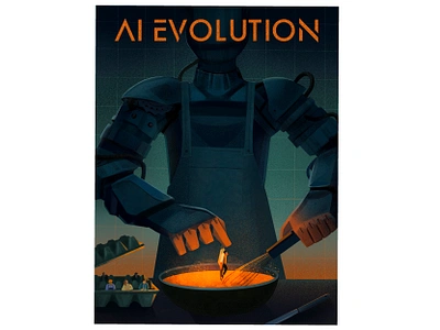 Illustration for the "AI Evolution" article ai article book cover design editorial eggs graphic design illustration kitchen noir robot science tech technology thumbnail typography