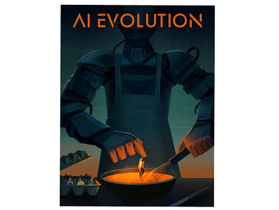 Illustration for the "AI Evolution" article ai article book cover design editorial eggs graphic design illustration kitchen noir robot science tech technology thumbnail typography