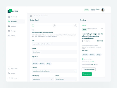 Aveina web application for searching suppliers create new order customers dashboard information architecture order order preview orders suppliers ux web app web application