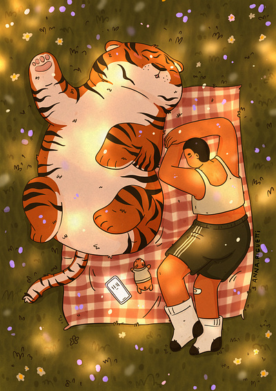 napping animals character design characters coloring cute flowers illustration meadow nap picnic summer summer vibes tiger