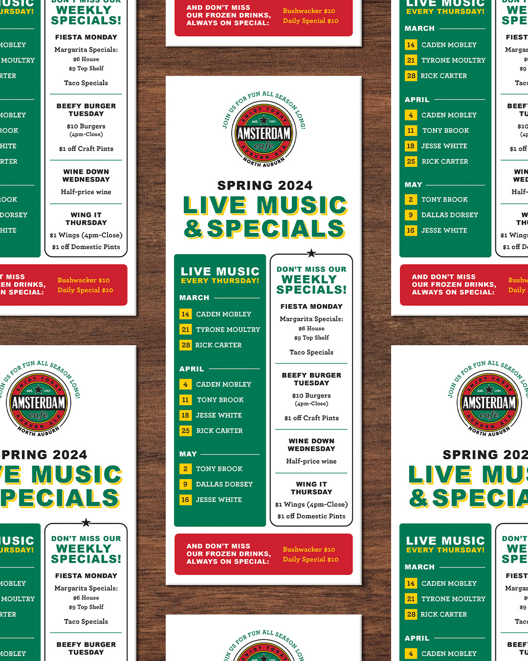 Amsterdam Cafe Live Music & Specials Promo design graphic design