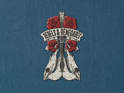 Rebels & Renegades Merch Design brand design brand identity branding branding design guitar hand drawn identity design illustration logo logo design merch mock up mockup music festival patch rose skull texture vintage visual identity