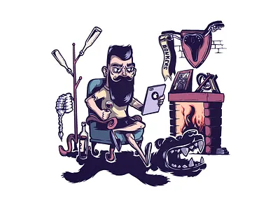 Quiet evening bear beard cartoon chill fireplace illustration procreate