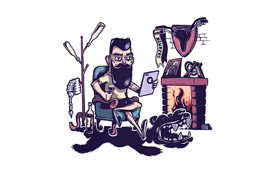 Quiet evening bear beard cartoon chill fireplace illustration procreate