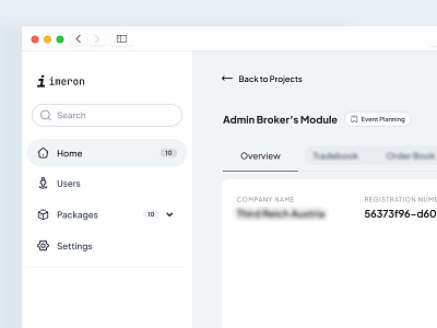 Imeron Broker's Module dashboard menu overview tabs