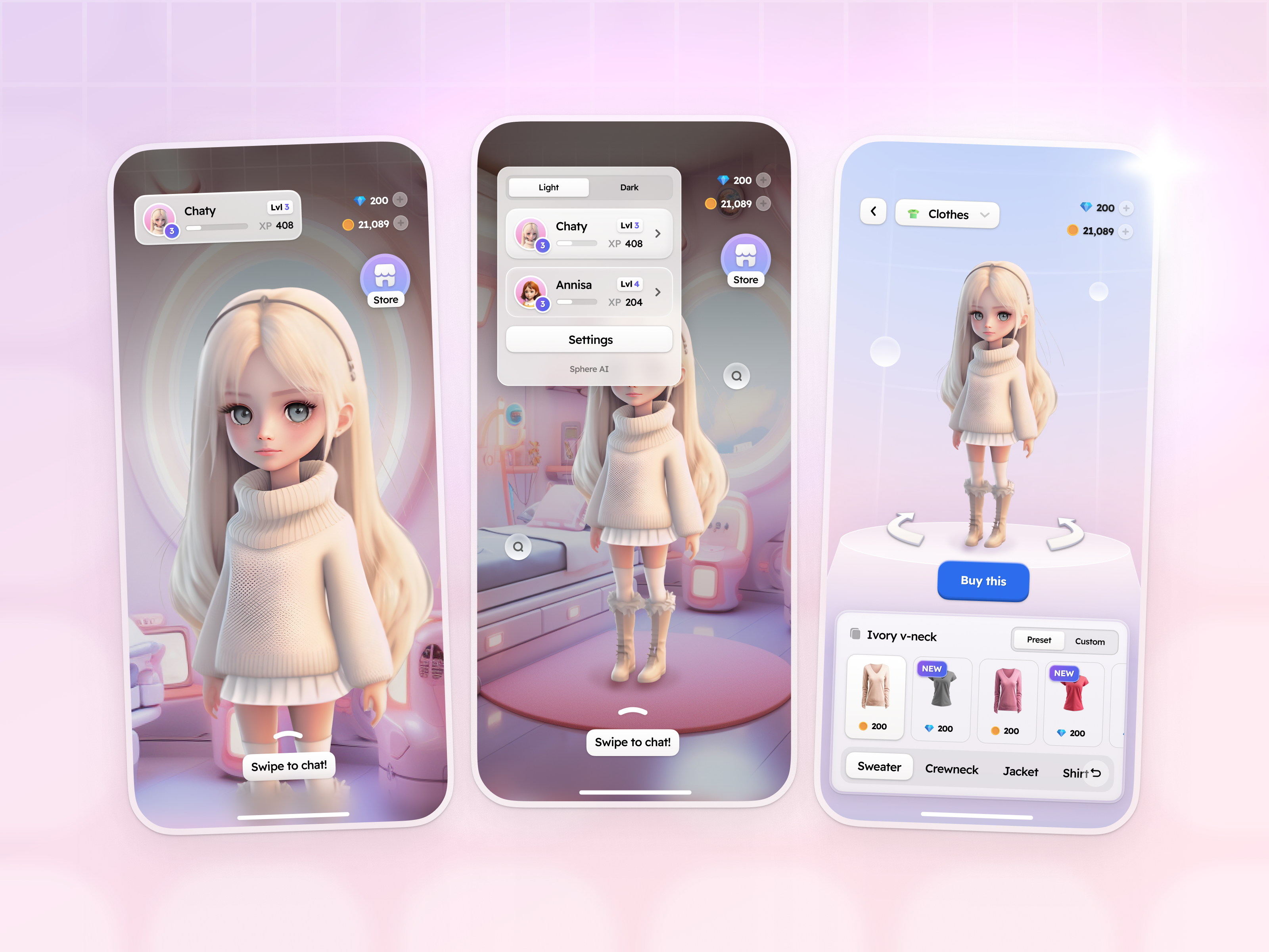 Sphere AI - Shop Screen and Settings ai ai companion android app app application avatar character customization chat ai chat bot clean companion customization design iphone app marketplace pink shop shop screen ui ux