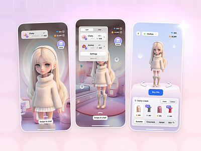 Sphere AI - Shop Screen and Settings ai ai companion android app app application avatar character customization chat ai chat bot clean companion customization design iphone app marketplace pink shop shop screen ui ux