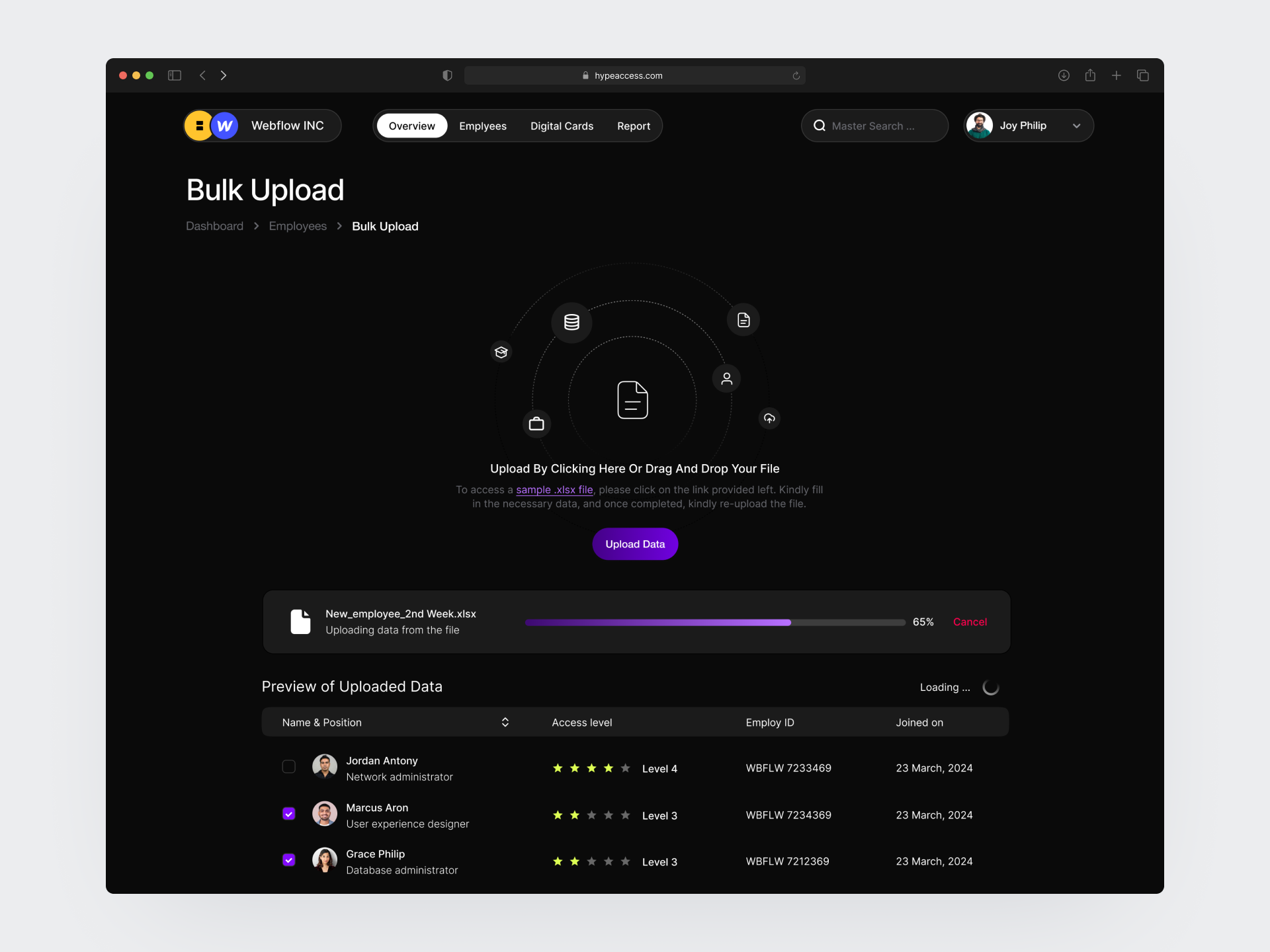Bulk Upload - HYPE dark mode data design function minimal table ui upload upload data ux web website
