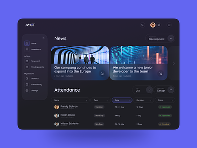 AmiT Automation - Attendance CRM (Dark mode) attendance crm dark mode dashboard desktop list side menu table ui ux web application