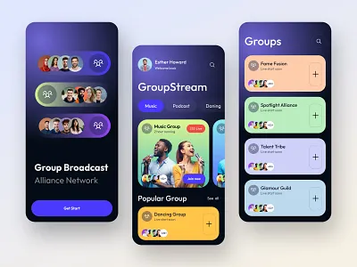 Social app - Live Streaming Group application ui best design community dark group inspiration live live app mobile ui mobileapp social app social media social media mobile socialmedia streaming app ui uiux user interface ux video