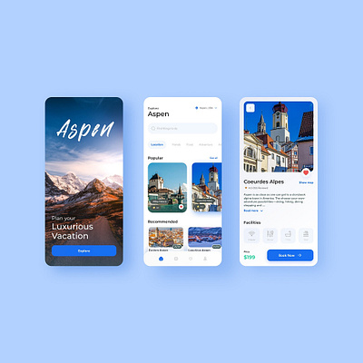 Vacation Booking App aesthetic app blue theme booking app graphic design mobile app ui vacation app