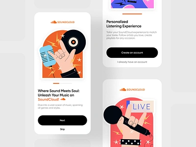 SoundCloud Onboarding app clean creative design illustration interface light light mode minimal mobile mobile app music music player onbaording play player soundcloud ui user interface ux