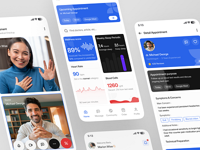WellMate - Health Care App - Online Appointment application bento design bento mobile clean design design detail page detail screen health health app health care health mobile healthy home page home screen ui ui design uiux upcoming appointment video call wellness score