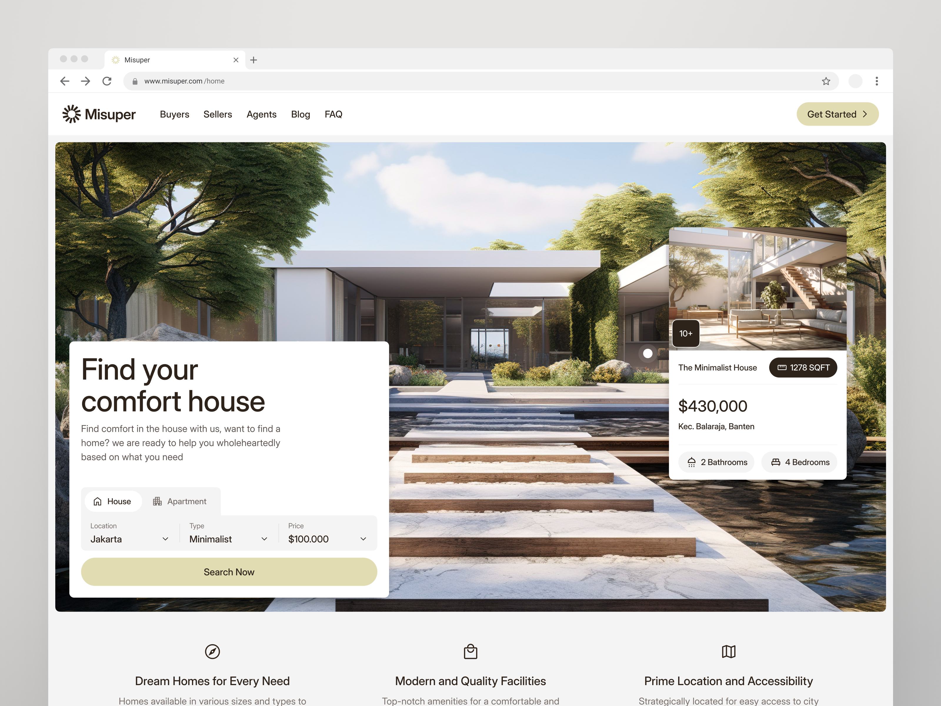 Misuper: Hero Section accomodation agency apartment building clean clean design design house minimal minimalist property property website real estate real estate agency realtor residence ui web design website website design