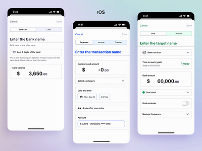 Money Manager Entry Pages iOS and Android Design android app design budgeting card input color coding data entry entry page expense tracker finances goal tracking information input inputs ios mobile app money management native app design neumorphism transaction input ui design wishlist input