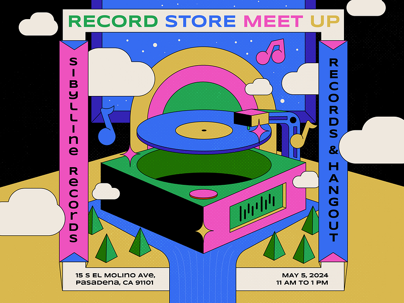 Record Store Meet Up - May 5, 2024 character collecting colors design illustration meetup music record recordplayer records thecamiloes