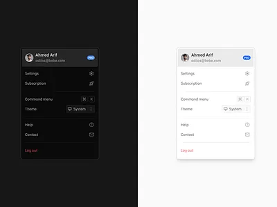 Profile Menu clean ui command menu commandk dark mode dropdown menu profile menu ui design user profile ux design