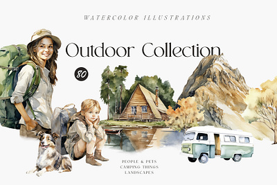 Outdoor (camping) watercolor collection autumn camping collection diy firewood flashlight forest mushrooms grass bush hiking backpack holiday hunting dog meadow november october outdoor september travel bus trip watercolor