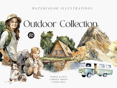 Outdoor (camping) watercolor collection autumn camping collection diy firewood flashlight forest mushrooms grass bush hiking backpack holiday hunting dog meadow november october outdoor september travel bus trip watercolor