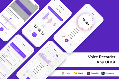 Voice Recorder App UI Kit adobexd app audio call calling figma iphone kit phone record recorder recording sketch ui voice voice recorder app ui kit