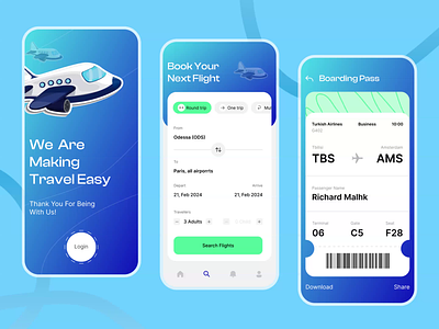 Flight Booking App UI airplane animation blue boarding book booking design exploration flight graphic design pass sit ui ui design ux ux design