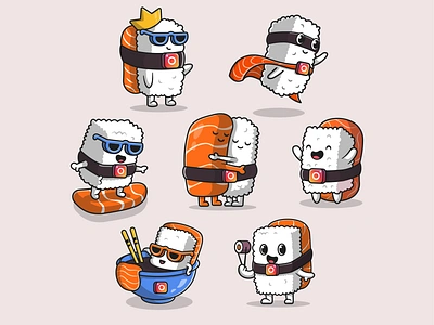 Insta Sushi🍣 chopstick cute fish food icon illustration instagram japanese logo mascot rice salmon seaweed social media soy superhero surfing sushi