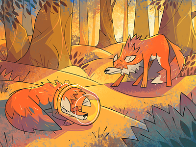 Fox Troubles 2d illustration animal illustration character character design flat forest fox illustration landscape nature nature illustration trouble vibrant colors warm