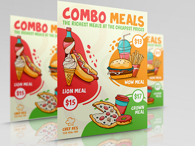 Combo Meals Flyer Template burger cafe coffee shop fast food food food truck illustration leaflet meals pizza poster sausage