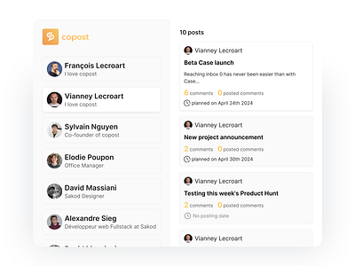 copost - SaaS - Multi-accounts management cards clean colors comments desktop linkedin management minimalist modern multi accounts posts saas schedule ui web yellow