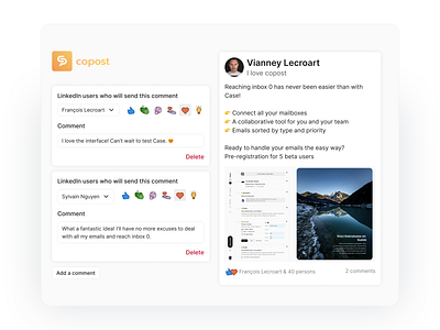 copost - SaaS - Comment feature app cards clean colors comments desktop feature linkedin minimalist posts saas schedule text editor ui ux yellow