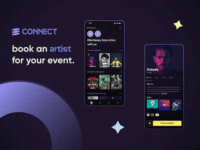 artist booking app 2024 aesthetic art artist branding dark design event modern music neo violet