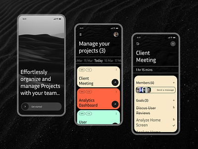 Project management mobile application | Task manager app design black brutalism dark theme flashy management application minimal mobile mobile app design modern dark project project and task project management project manager application task management task manager app ui design mobile ux design