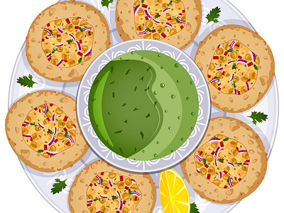 Indian Pani Puri with Green Chutney asian cuisine cultural foods detailed illustration food graphic gol gappay green chutney indian food pani puri street food top view illustration ui