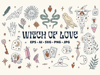 Witch of Love Bundle art boho bundle cat girl icons line love witch magic animals moon and stars occult print sacred heart set snakes spell tarot vector witchcraft
