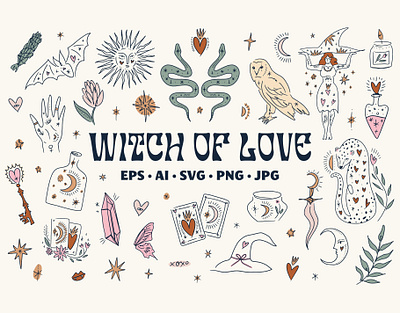 Witch of Love Bundle art boho bundle cat girl icons line love witch magic animals moon and stars occult print sacred heart set snakes spell tarot vector witchcraft