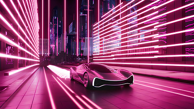Futuristic car speeding through neon cityscape transportation