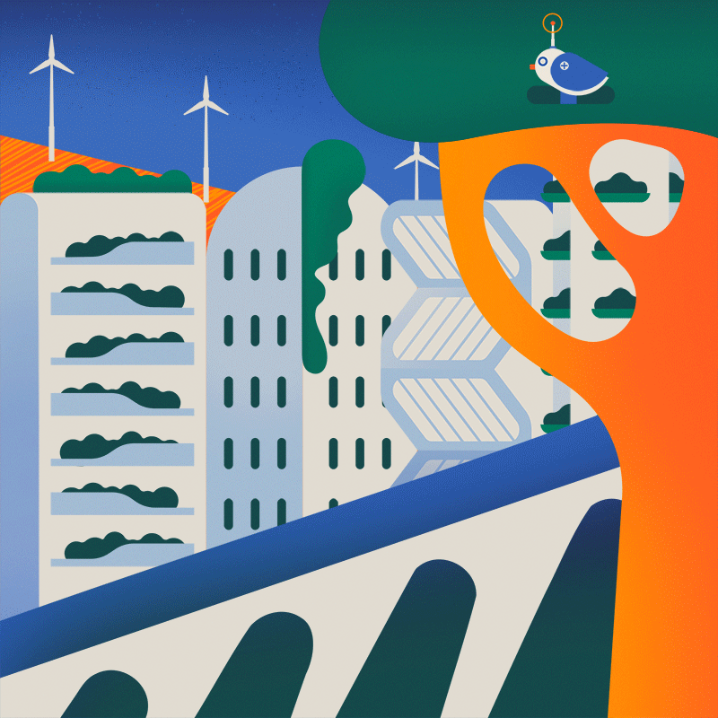 Future animation architecture birdie cityscape editorial illustration future futuristic gif green energy illustration illustrator landscape minimal tree