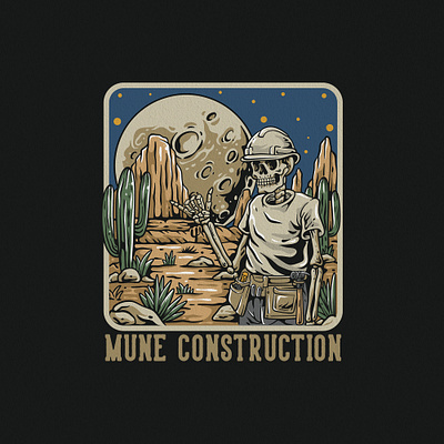 MUNE CONSTRUCTION appareldesign construction customdesign customillustration handdrawn illustration moon retro skeleton tshirt tshirtdesign vector vintage vintageartwork vintagedrawing vintageillustration