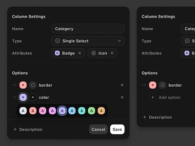 Spreadsheet column settings dark mode dialog dropdown form input interface modeless spreadsheet table ui