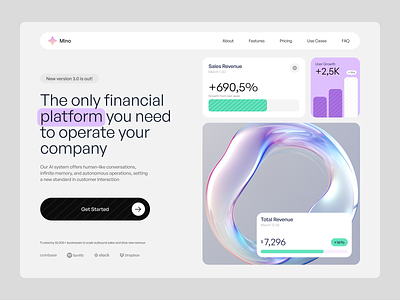 Mino - Financial Platform Website 3d design financial generative graphic design landing page platform saas ui user interface user interface design website design