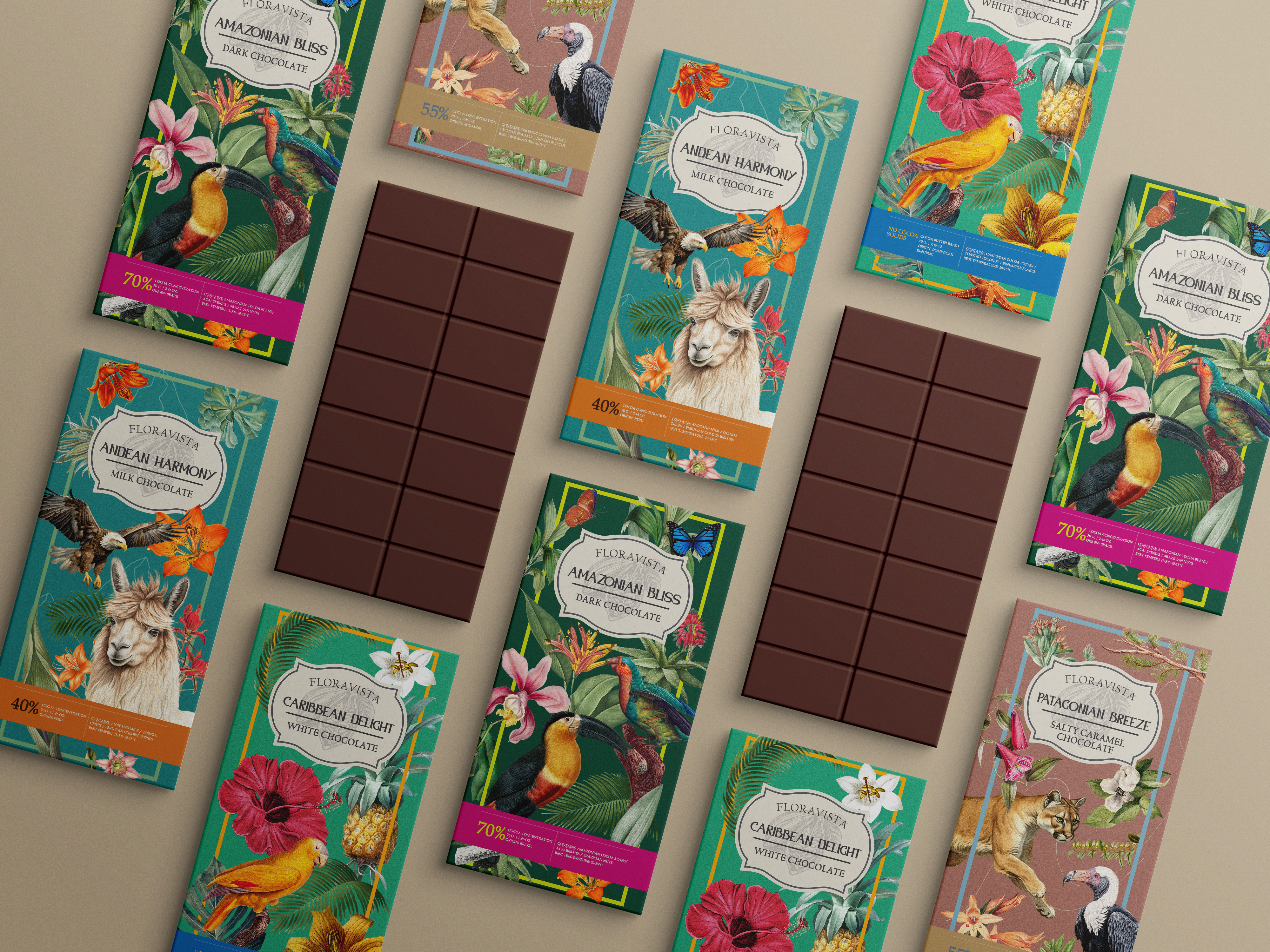 Chocolate Packaging Design for FloraVista chocolate packaging concept art digital collage food design food packaging graphic design packaging design visual design