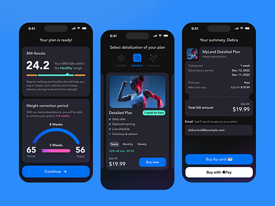 Fitness app. Subscription flow apple pay bill billing card design app fitness fitness app mobile app mobile design mobile ui payment sport sport app subscription summary survey ui user account user flow ux