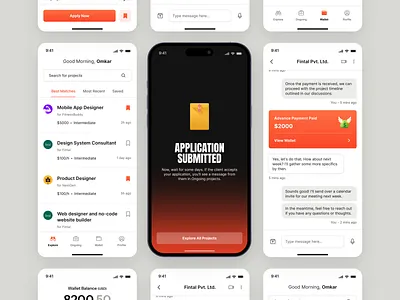 App for freelancer to find projects app design chat ui dark mode find jobs fiver freelancer freelancers freelancing freelancing mobile app freelancing platform job portal light mode messaging ui mobile app design product design transactions upwork wallet wallet ui