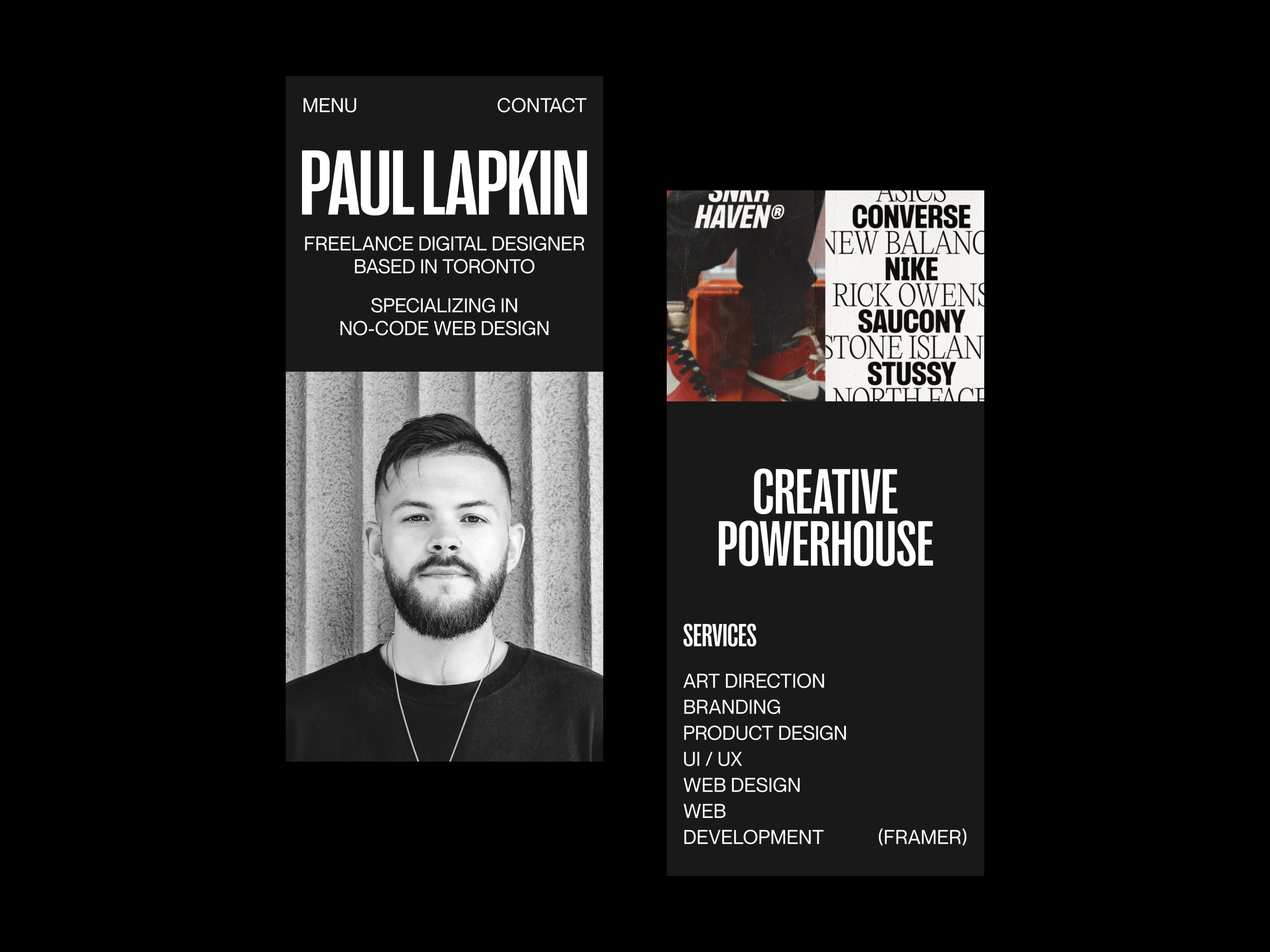Designed By Paul® — Type Layouts branding dark editorial framer freelance grid landing page large type layout no code portfolio type typography ui ux web website
