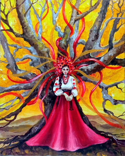 Original Ukrainian painting, Girl in national wear, Family Tree, art hand painted national nature paint painting tree ukraine ukrainian woman
