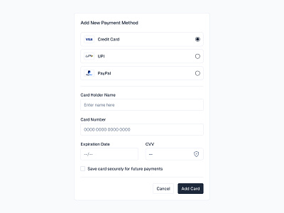 Payment Method 💳 button buttons cards checkbox credit credit cards design dialog input minimal modal payment payments paypal radio saas ui upi web design
