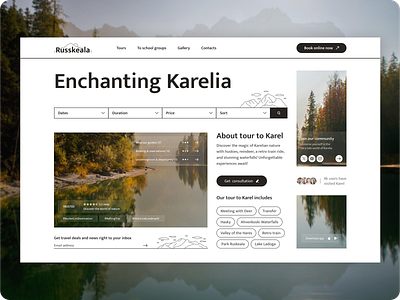 Russkeala - Travel Platform UI dashboard design figma interface karelia lake landing page mountain nature newspaper tour tour platform tourism ui uiux ux