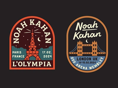 Noah Kahan Patch Designs for 2024 World Tour badge band branding design europe festival illustration landscape london merch music musician nature noah kahan outdoors paris patch tour