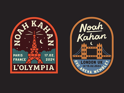 Noah Kahan Patch Designs for 2024 World Tour badge band branding design europe festival illustration landscape london merch music musician nature noah kahan outdoors paris patch tour